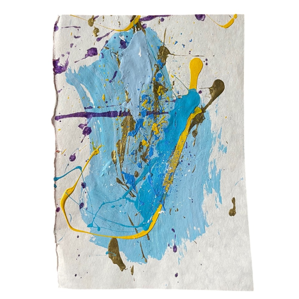 Original Abstract Splatter Painting Blue Yellow Acrylic Art 8x11.5 Modern Decor